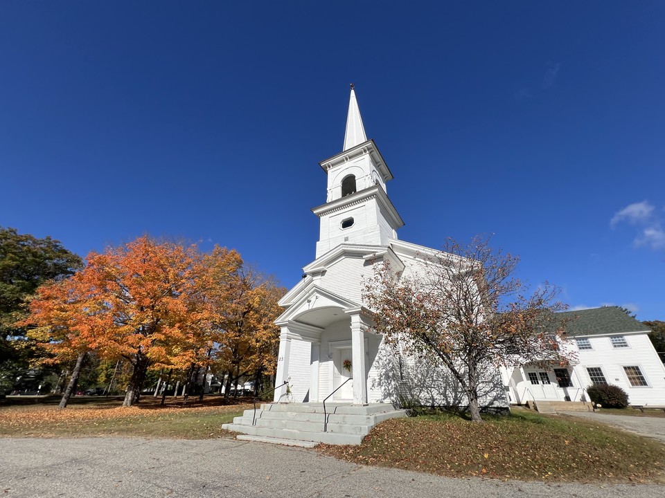 White church in the fall.