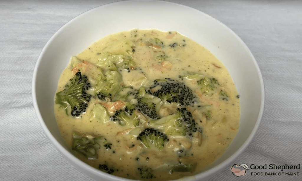 A delicious bowl of broccoli cheddar soup