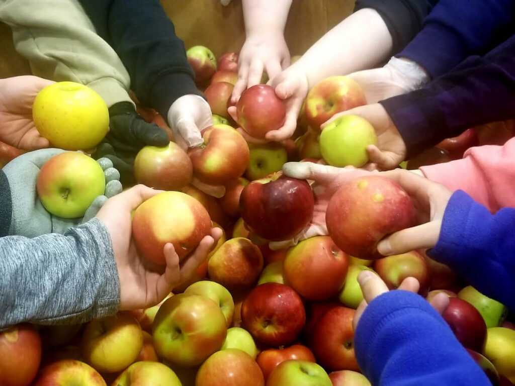 Volunteers holding apples at a food bank